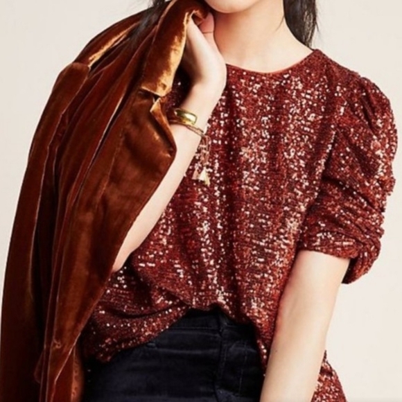 💘 NWT By Anthropologie Marie Sequined Blouse Copper Orange Sequin Puff Sleeve - Picture 5 of 10